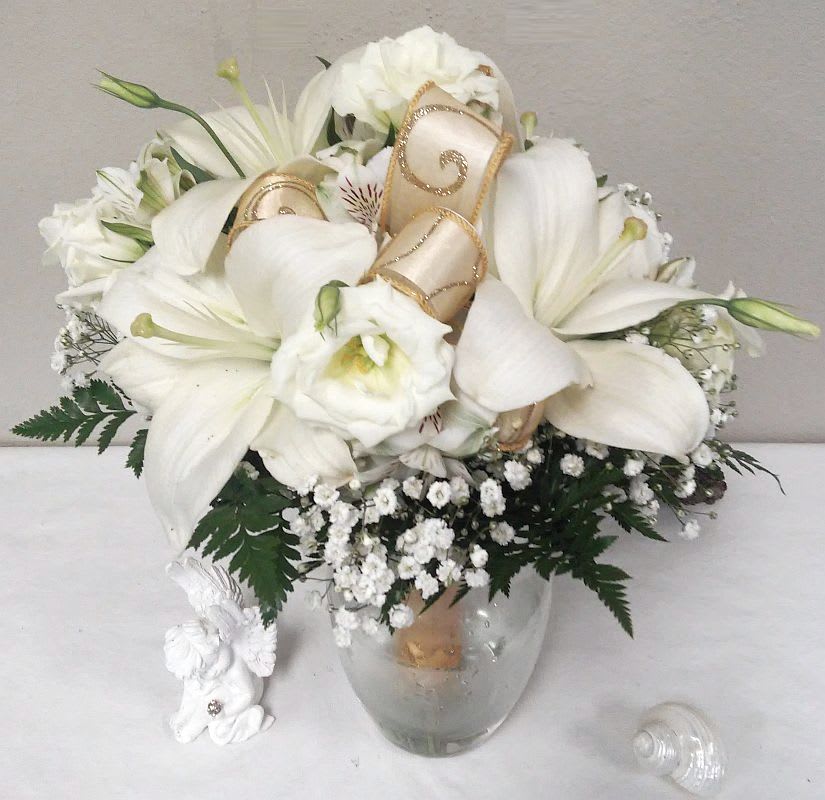 Touch of Gold Bridesmaid Bouquet - Includes Asiatic lilies, lisianthus, alstroemeria, babies breath and gold ribbon.