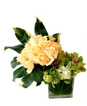 Roses Dancing with Orchids - My Beverly Hills Florist Roses Dancing with Orchids - My Beverly Hills Florist - Beautiful yellow roses in a bunch offset by cymbidium orchids in a modern square glass vase.