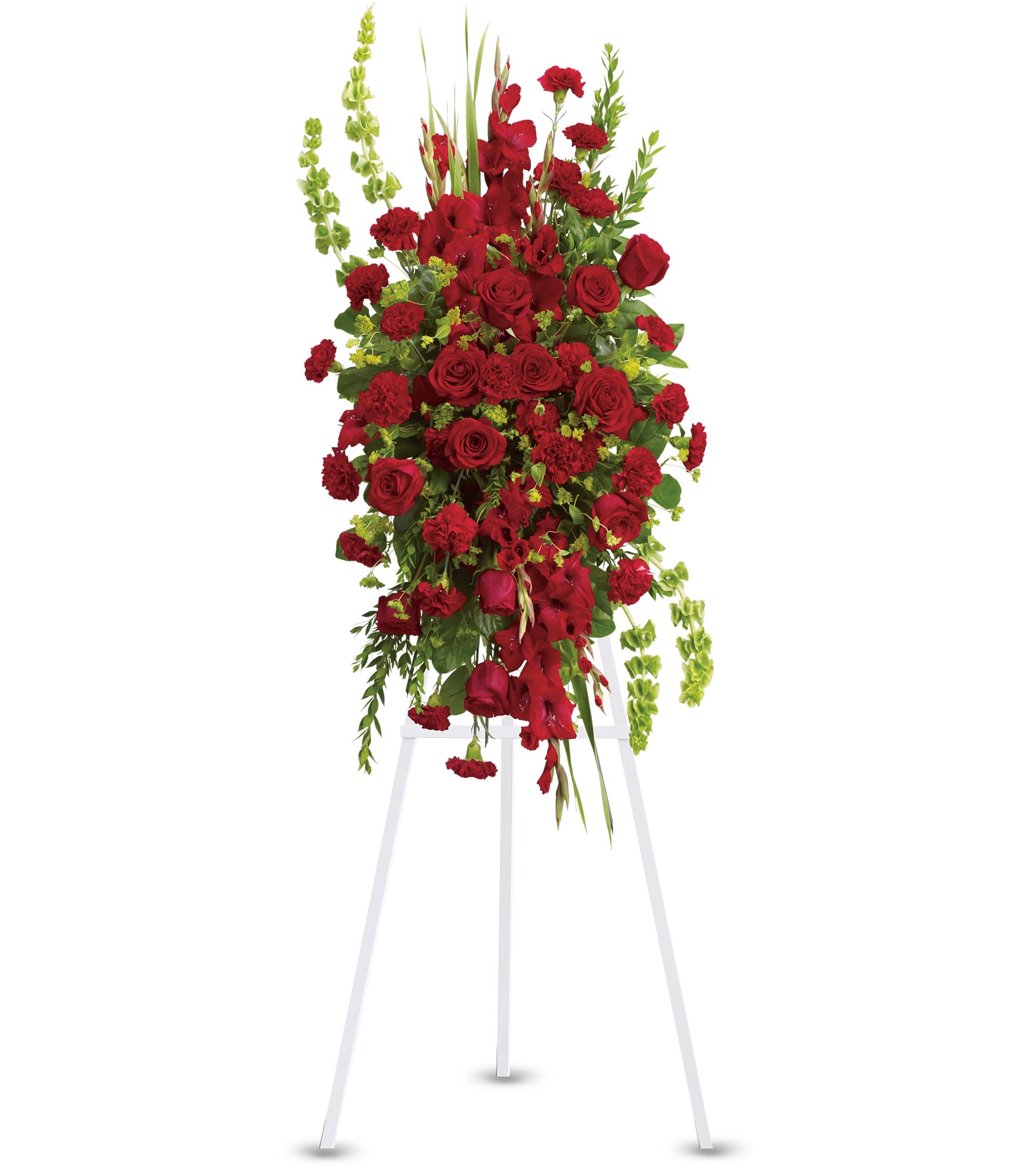 Care and Compassion Spray by Teleflora - Your care and compassion will be appreciated by all who lay eyes on this radiant standing spray. A variety of lovely vibrant red blossoms contrasted by vivid green of bells of Ireland will deliver your heartfelt condolences. Perfectly.  