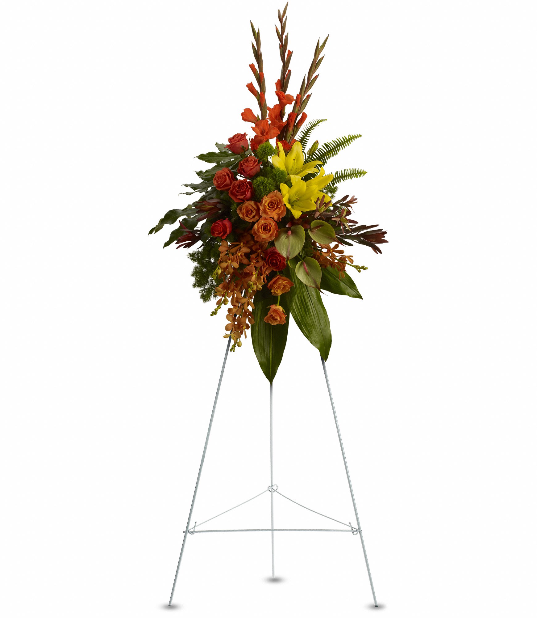 Tropical Tribute Spray by Teleflora Tropical Tribute Spray by Teleflora - Tropical highlights balance with lush earth tones to offer hope and encourage reflection - a vivid spray that expresses deep and generous tribute.