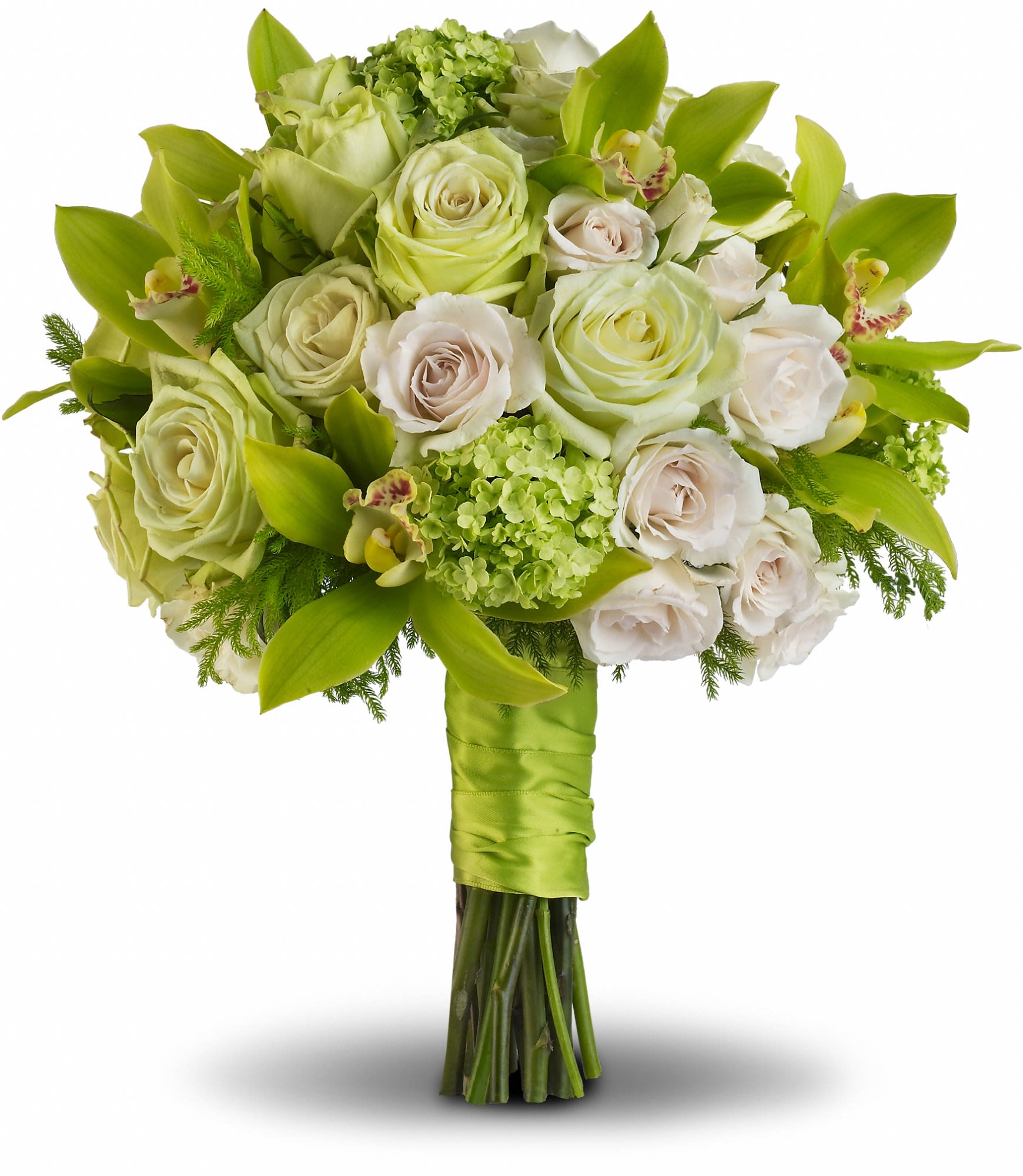 Luscious Love Bouquet  - Green cymbidium orchids and viburnum with white and green roses, accented with lycopodium. Approximately 12&quot; W x 13 3/4&quot; H. T195-1A