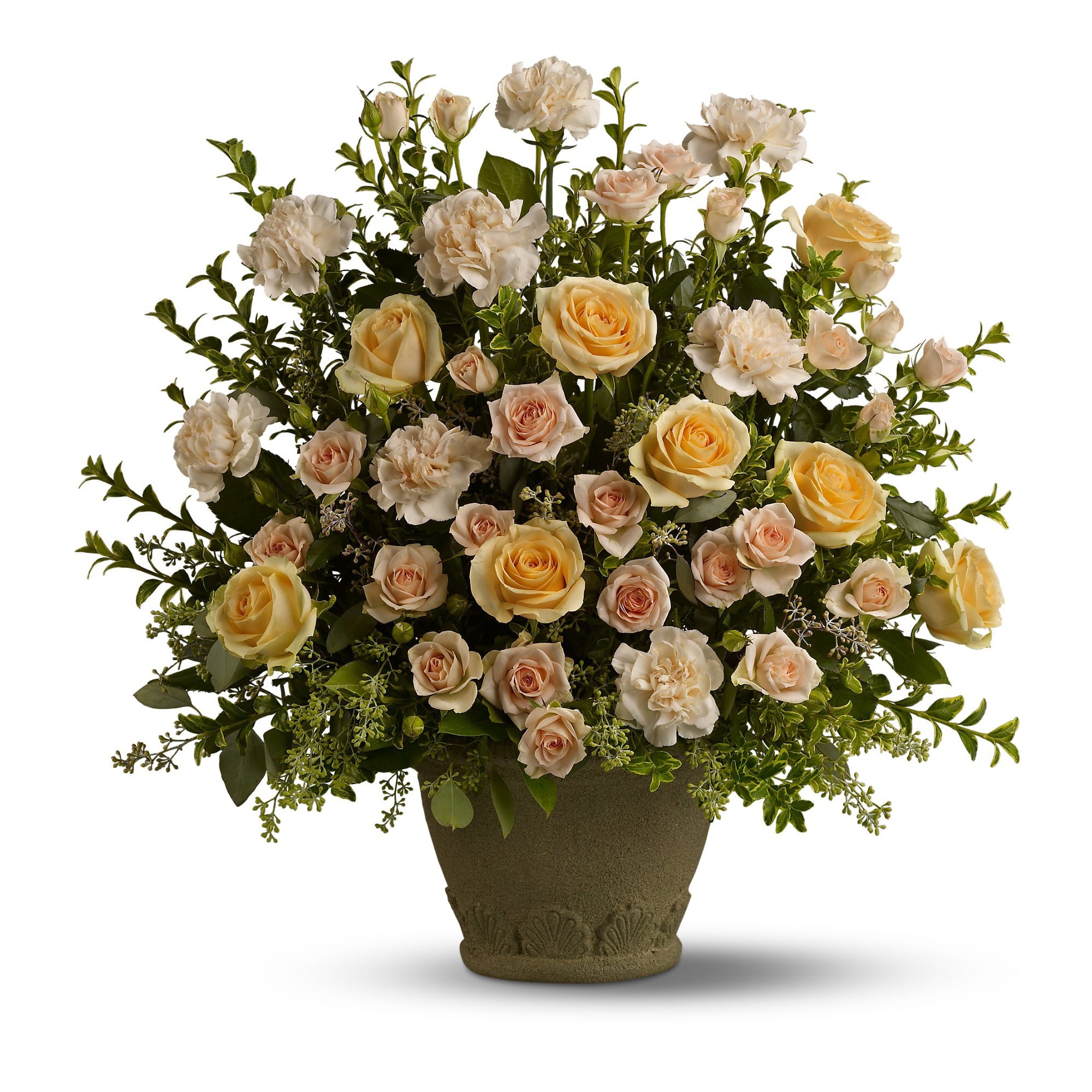 Teleflora's Rose Remembrance - To create a truly stunning tribute, choose a magnificent, fragrant display of peach roses, spray roses and carnations - accented with greenery, and displayed in a classic Grecian Garden urn. A gracious mark of respect for a life well lived.  
