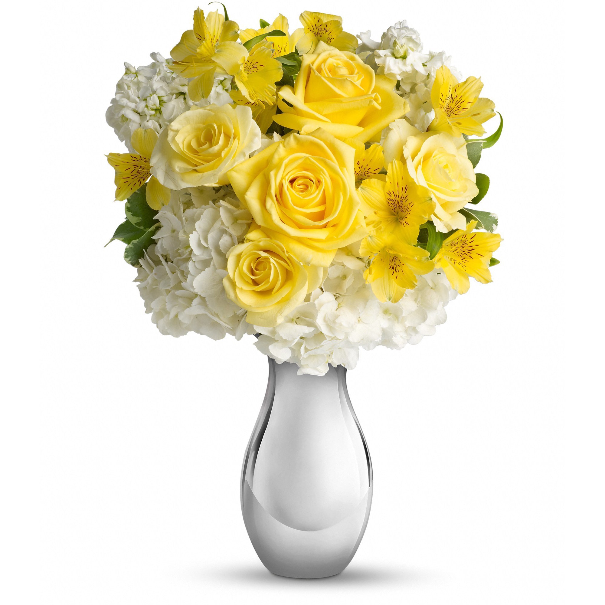 Teleflora's So Pretty Bouquet - It's like sunshine and moonlight in are gloriously happy gift! Soft yellow roses, white hydrangea and other favorites showcased in a dazzling Silver Reflections vase. She'll love it - and so will her envious friends.  