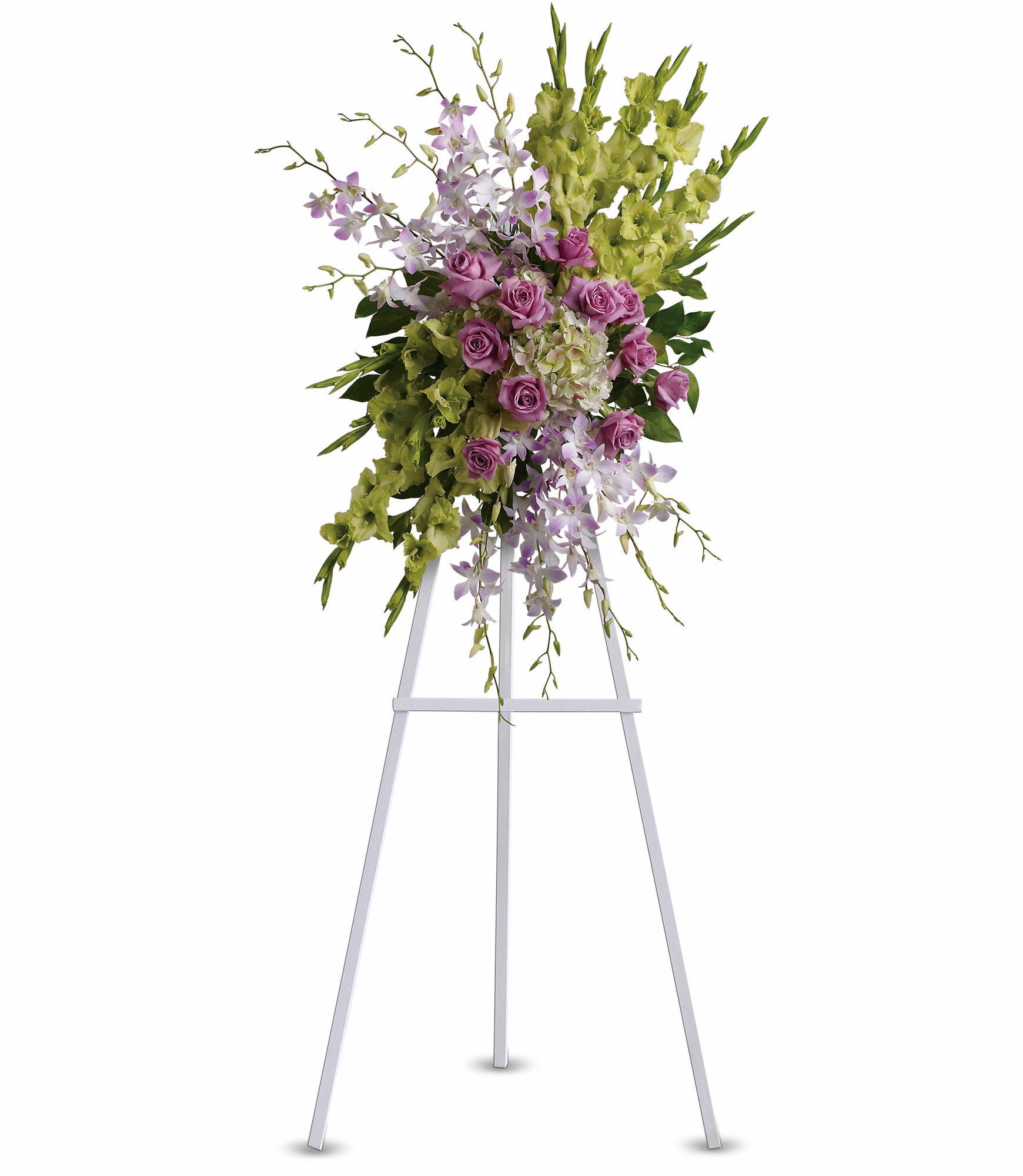 Heavenly Sentiments Spray by Teleflora Heavenly Sentiments Spray by Teleflora - Fresh roses and opulent blooms such as orchids and gladioli - in celestial colors of green, purple and lavender - create a fine and appropriate floral standing spray. Send this gift as a representation of your thoughtfulness and devotion.