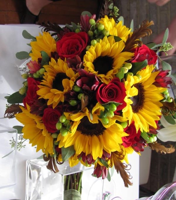 Sunflower Spectacular Bouquet - Sunflowers and red roses make a statement like no other. Perfect for your Summer and Fall wedding!