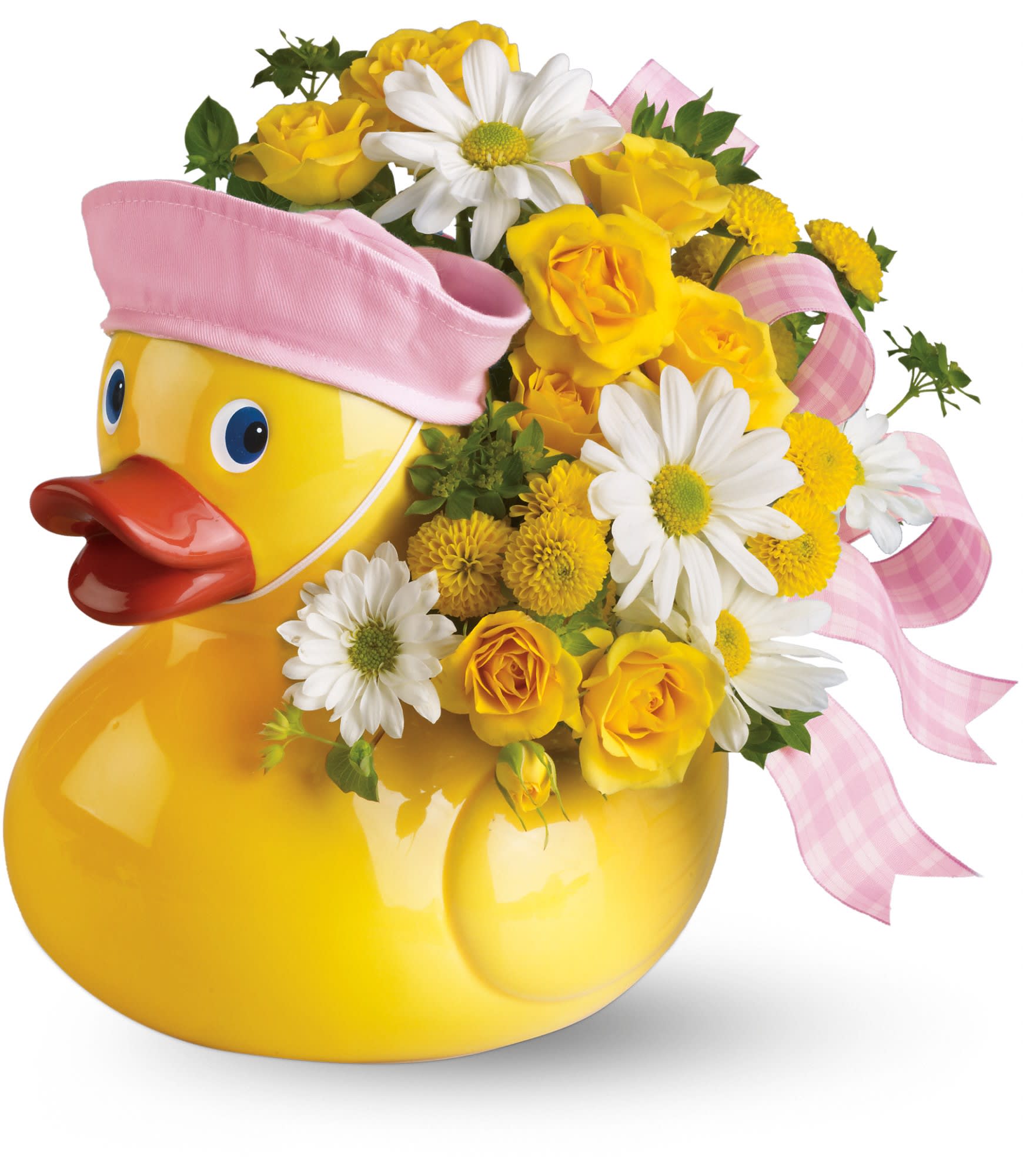 Ducky Delight - Girl - This adorable arrangement takes to baby showers and baby arrivals like a duck takes to water! Available in boy and girl versions, this charming arrangement in its cute and reusable keepsake container is, well… just ducky!Same in white hat for &quot;adult&quot; fan! Call for options!