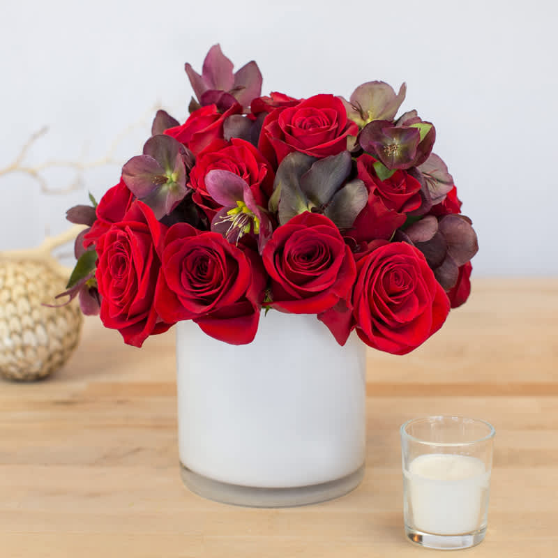 Red and Purple Mixed Floral Arrangement (White) - This fresh floral arrangement of dark roses and dark purple is perfect for any occasion no matter how big or small. Containers come in clear, white, black, and leaf line. 