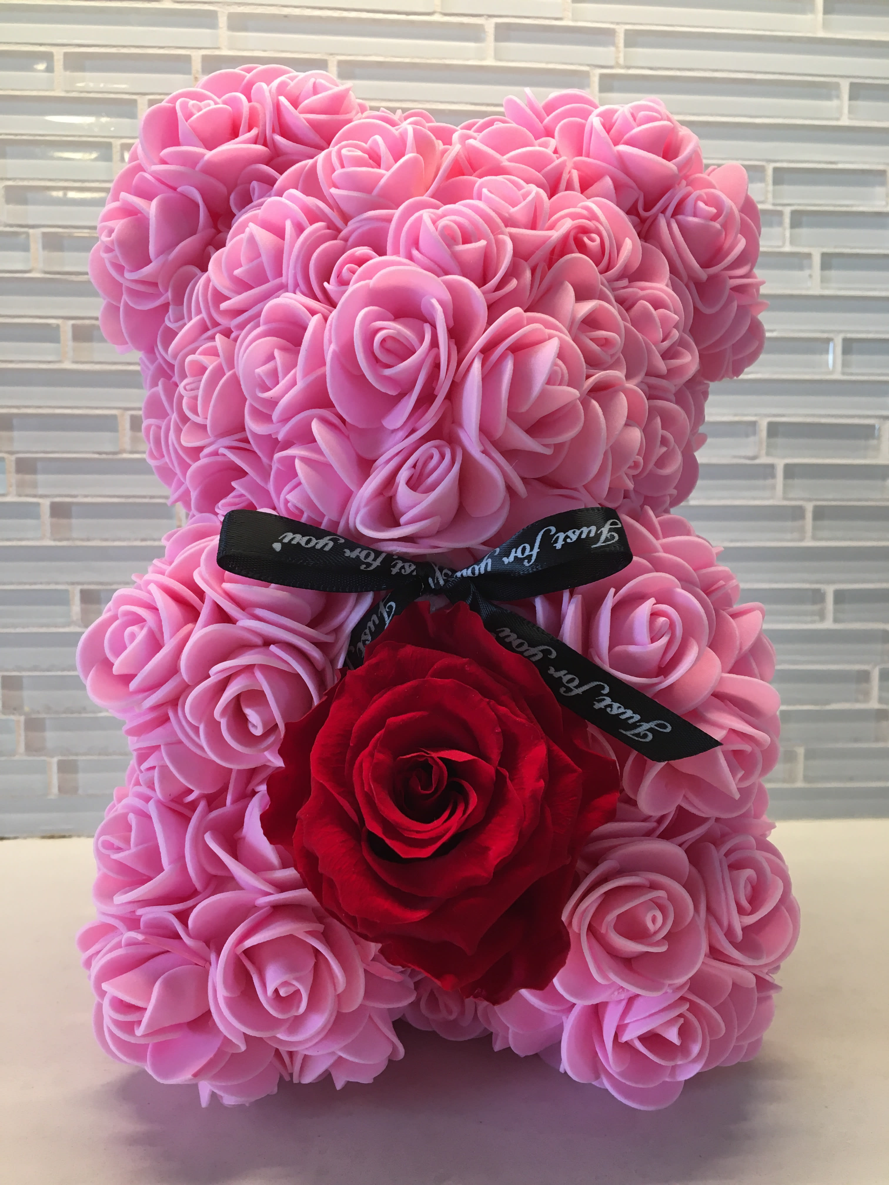 Pink Teddy Bear in Box with Red Preserved Rose in Doral, FL | Leon Flowers inc.