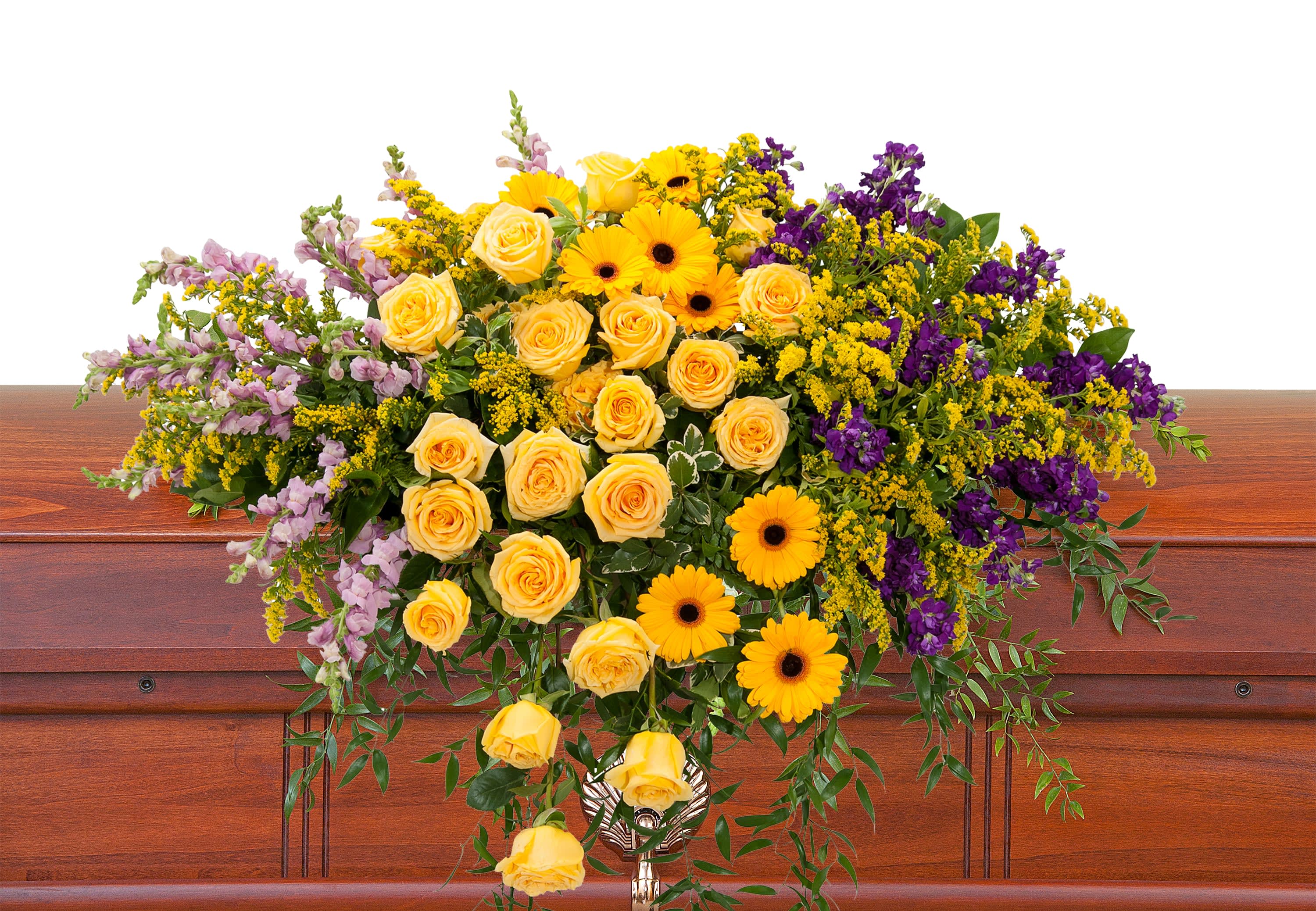 Vivid Memories Casket Spray TMF-759	 - Bright, vivid yellow and purple flowers create a memorable casket spray.	Approximately 44&quot; wide 36&quot; deep