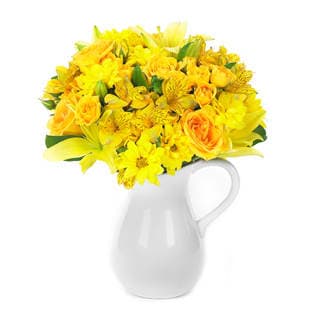 Sunny and Smiling Bouquet - Product ID: BF87-11KS   This bright and cheerful arrangement creates a ray of sunshine for any occasion. Roses, alstroemeria, lilies and daisies...each in yellow...combine with white Monte Casino in a white pitcher to deliver many smiles. Small Measures 12âH by 12âL. Medium Measures 13âH by 13âL (Shown). Large Measures 14âH by 14âL.