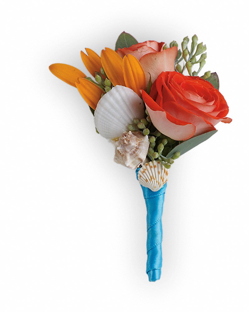 Sunset Magic Boutonniere - As enchanting as a sunset walk along the beach, complete with radiant spray roses and tiny seashells. Dark orange spray roses and miniature orange gerbera with small seashell accents.