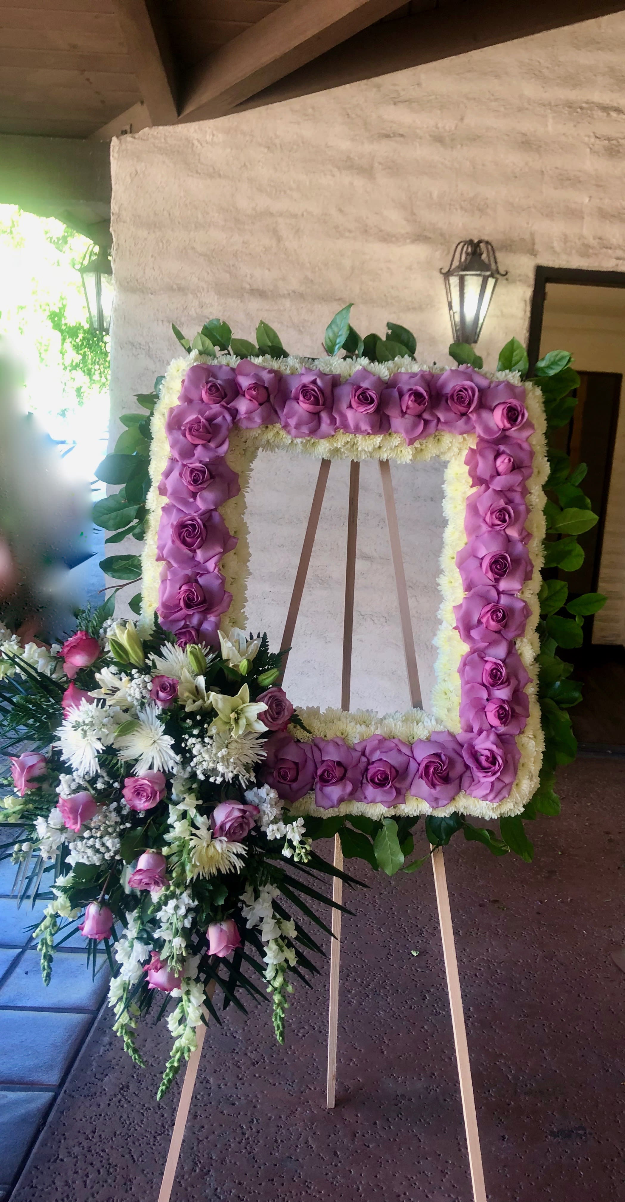 Lavender picture frame Lavender picture frame - 16X20 Lavender picture frame with roses, tropical leafs, and a bouquet with roses, snap dragon, spider flower, babies breath and lilies.