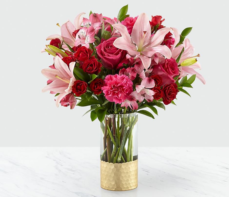 Be My Beloved - Treat your better half to an arrangement filled with blushing blooms and stunning texture. In our Be My Beloved™ Bouquet, you'll find it's overflowing with spray roses, carnations, alstroemeria and lots of love. With a classic Valentine's color palette of pink, hot pink and red, this arrangement is sure to make their day. GOOD bouquet is approx. 16&quot;H x 14&quot;W. BETTER bouquet is approx. 17&quot;H x 16&quot;W. BEST bouquet is approx. 18&quot;H x 17&quot;W.