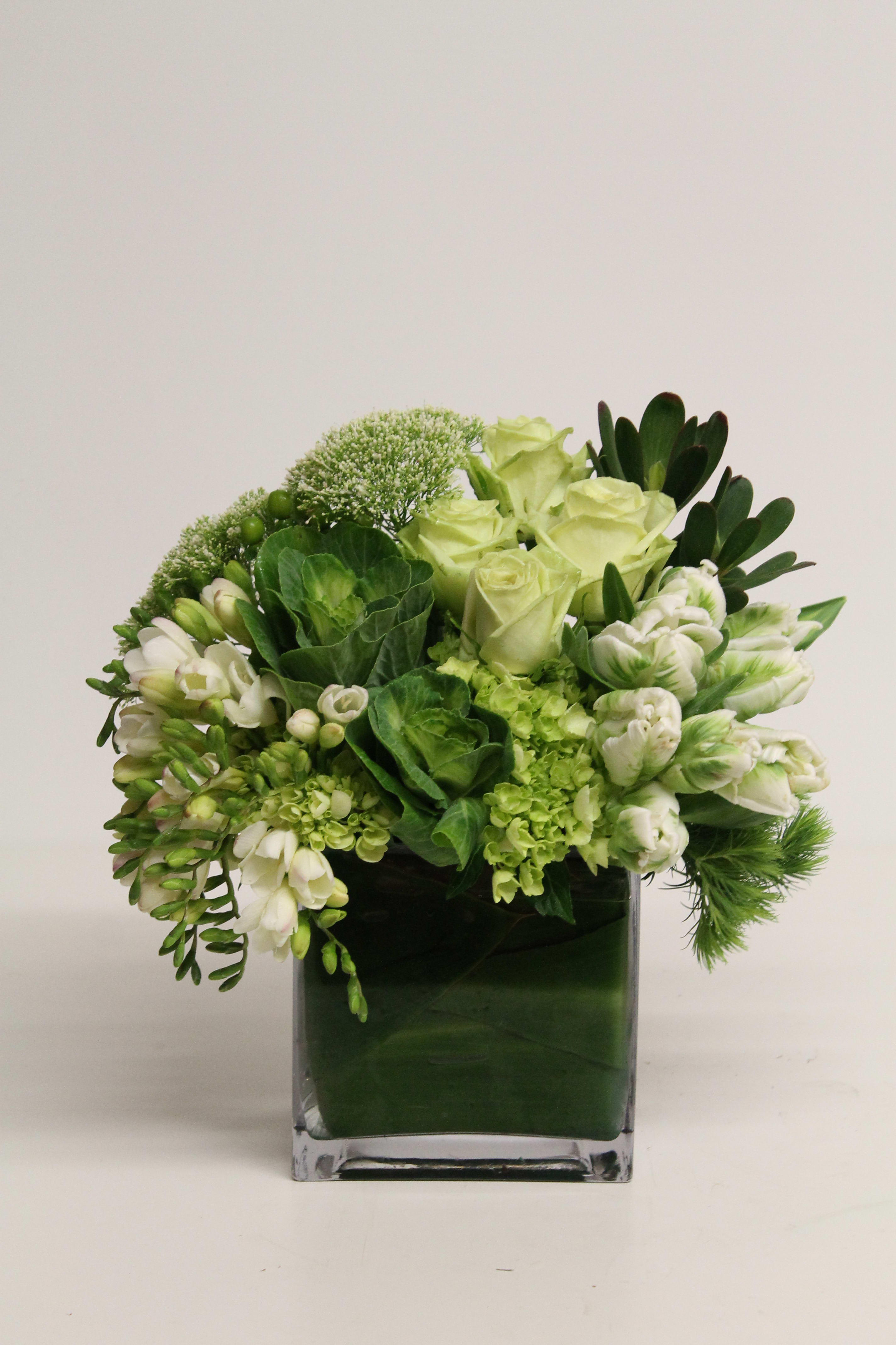 Peaceful Beauty Peaceful Beauty - Tulip, Rose,, Kale, Rice Trachilium, Freesia, Hypericum, Dianthus, leucadendron, Hydrangea
