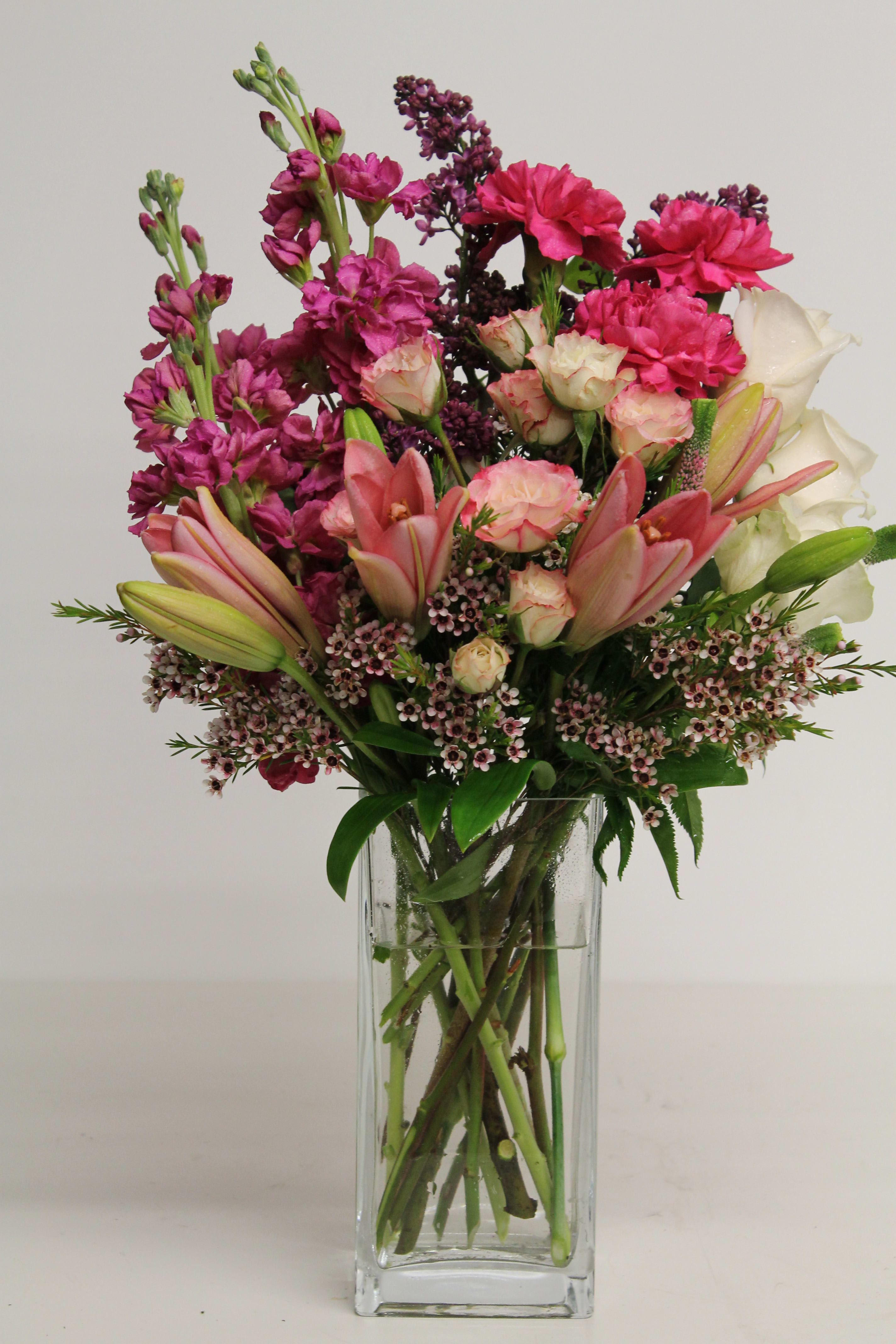 For my Loving Mom For my Loving Mom - Lilac, Rose, Spray Rose, Wax, Stock, Carnation, Asiatic Lilly