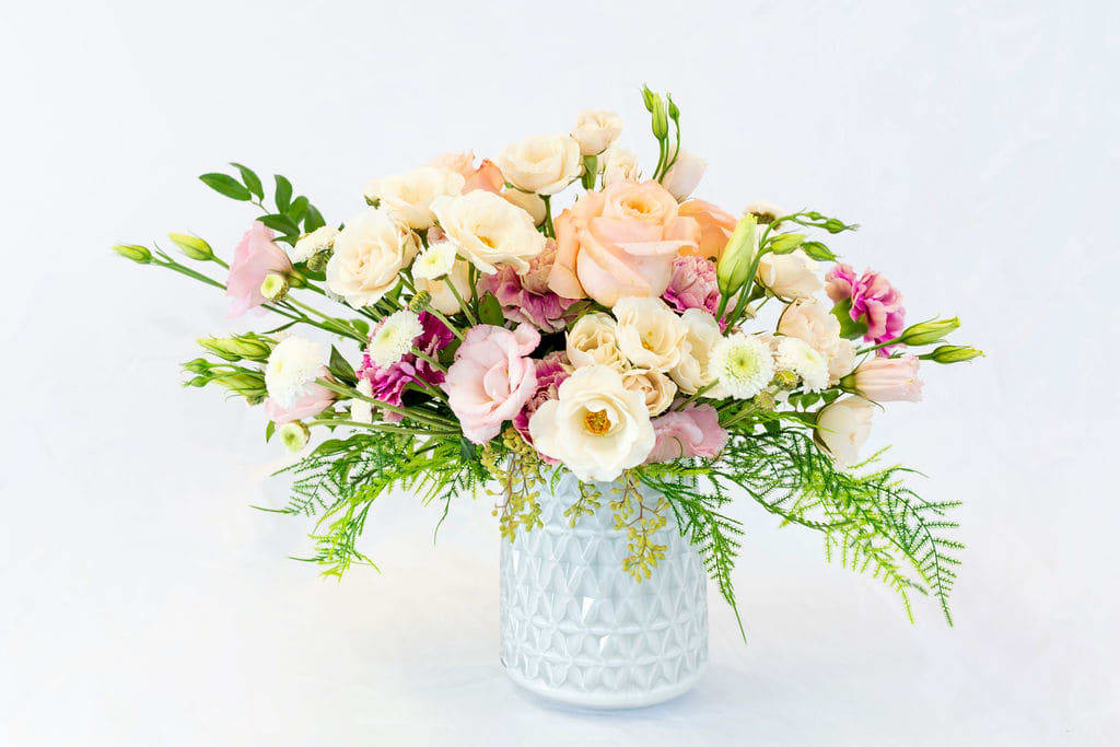 Elegant fresh flowers in a white modern vase in Byron ...