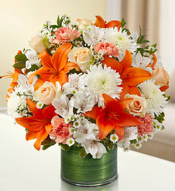 Cherished Memories - Peach, Orange and White - Product ID: 95427   Send a touching remembrance during times of loss with an elegant arrangement in serene shades of peach, orange and white. The freshest roses, lilies, cremones, alstroemeria, carnations and more are hand-designed in a sleek cylinder vase for this comforting sympathy gift. Graceful peach, orange and white arrangement of roses, lilies, cremones, alstroemeria, carnations and monte casino, gathered with variegated pittosporum, Italian ruscus and myrtle Hand-designed by our expert florists in a stylish clear glass cylinder vase wrapped with a Ti leaf ribbon; vase measures 6&quot;H Appropriate for the service or the home of friends and family members Large arrangement measures approximately 16&quot;H x 17&quot;L Medium arrangement measures approximately 15&quot;H x 16&quot;L Small arrangement measures approximately 14&quot;H X 15&quot;L Our florists hand-design each arrangement, so colors, varieties, and vase may vary due to local availability Lilies may arrive in bud form and will open to full beauty over the next 2-3 days