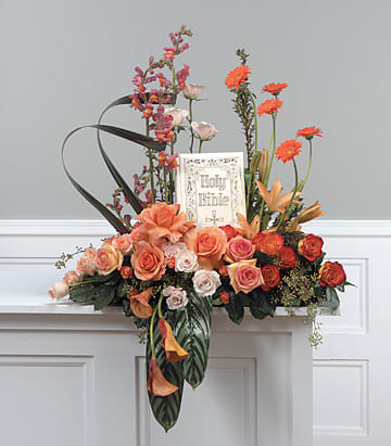 Monochromatic Arrangement with Bible - Roses Snapdragon Gerber Daisies Asiatic Lilies and Calla Lily