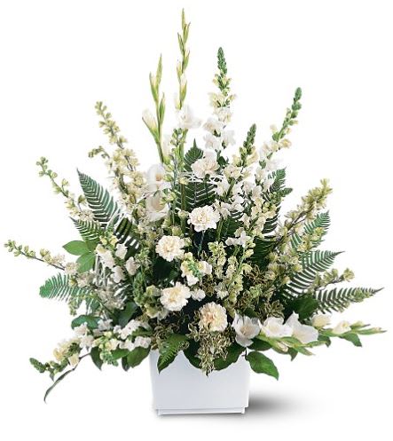 TF195-1 White Expressions Basket - If you want to pay tribute in a grand manner, send this impressive arrangement of white flowers. They'll convey exactly how you feel. One funeral basket arrives with white carnations, gladioli, larkspur and snapdragons in a traditionally styled design. Approximately 33&quot; W x 38&quot; H 