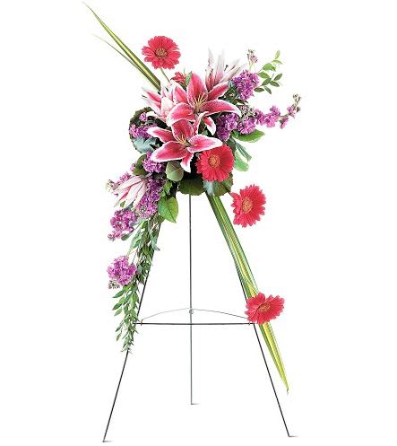 TF189-6 Stargazer Lily Gerbera Spray TF189-6 Stargazer Lily Gerbera Spray - One spray with stargazer lilies, red gerberas and lavender stock is delivered on an easel. Approximately 21" W x 41" H
