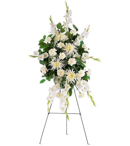 TF188-2 White Promises Spray TF188-2 White Promises Spray - One spray, decorated with white carnations, chrysanthemums and gladioli, is accented with rich green foliage and is delivered on an easel. Approximately 32" W x 48" H