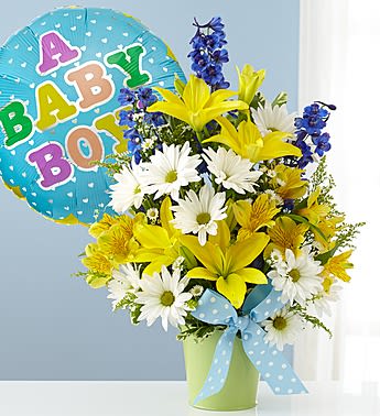 Little Boy Blue Bouquet - Product ID: 91360  EXCLUSIVE It's a boy -- welcome him into the world with a gift the new parents can proudly display. This truly original arrangement of delphinium, lilies, alstroemeria, daisy poms and more is hand-designed by our florists in a reusable green tin planter and accented with baby-blue ribbon. Charming gathering of delphinium, lilies, alstroemeria, daisy poms, monte casino, solidago and variegated pittosporum Hand-arranged in a green tin planter they can reuse for a fresh plant or to hold baby mementos; planter measures 4.75&quot;H Accented with a stylish blue polka dot ribbon Large arrangement measures approximately 11&quot;H x 8&quot;W Small arrangement measures approximately 9&quot;H x 6&quot;W Our florists select the freshest flowers available so floral colors and varieties may vary