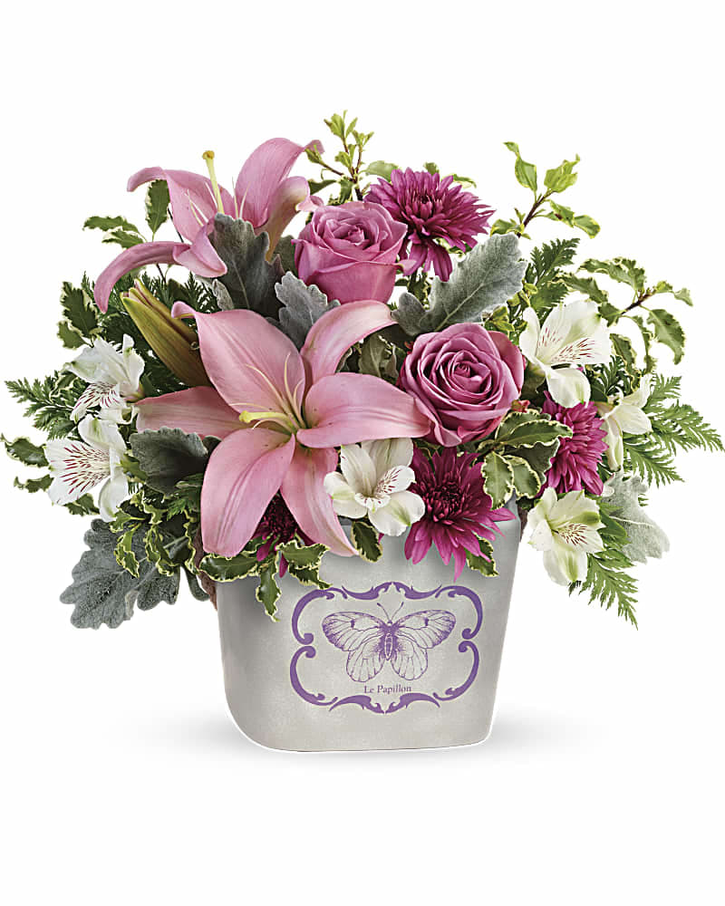 Teleflora's Monarch Garden Bouquet Teleflora's Monarch Garden Bouquet - Sure to make mom's heart flutter, this sweet ceramic planter features a charming butterfly motif, a rustic rope handle, and a gorgeous bouquet of lavender roses and pink lilies. This arrangement features lavender roses, pink asiatic lilies, white alstroemeria, purple cushion spray chrysanthemums, dusty miller, leatherleaf fern, and pitta negra. Delivered in a Monarch Garden planter.