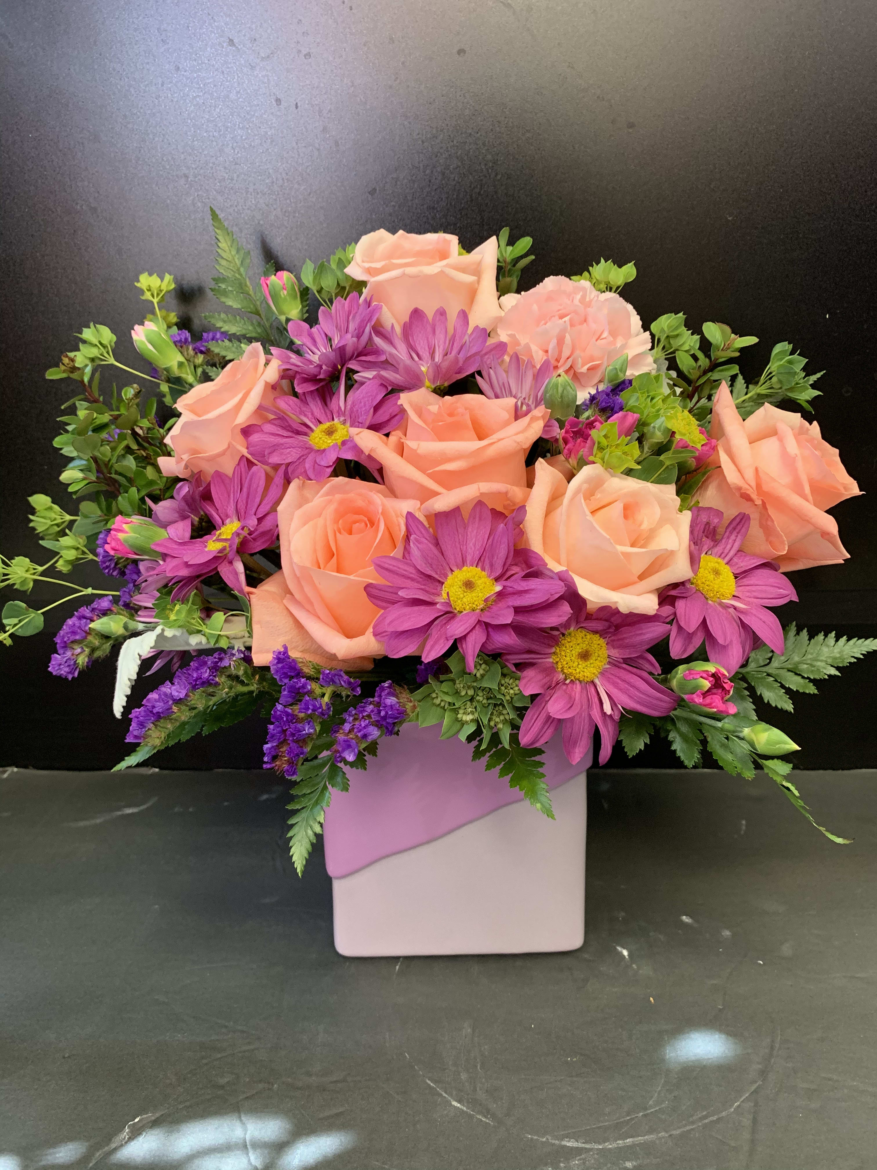 Love Squared Bouquet -  this contemporary cube featuring a fun, two-toned matte-glossy finish and radiant rose bouquet!