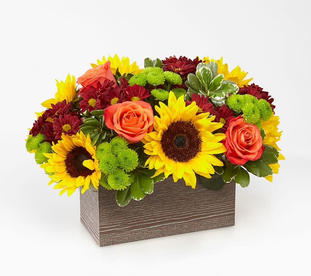 Happy Harvest Garden Happy Harvest Garden - Delight your friends and family with an assortment of bright Autumn colors in a rustic, textured container.