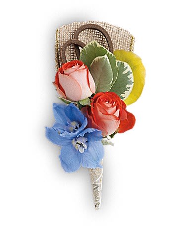 Barefoot Blooms Boutonniere - Go cool and carefree with this colorful blend of green orchids, orange roses and blue delphinium. Green vanda orchids, orange spray roses and light blue delphinium tied with a leather cord.