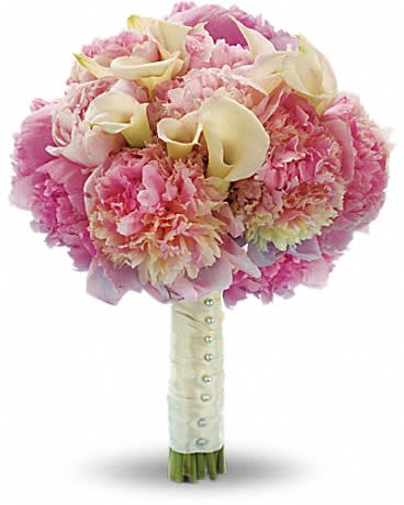 My Pink Heaven Bouquet - Stand out from the crowd with this heavenly, high-fashion bouquet of lush pink peonies and mini white callas. Pink peonies and white miniature callas held with a satin ribbon.