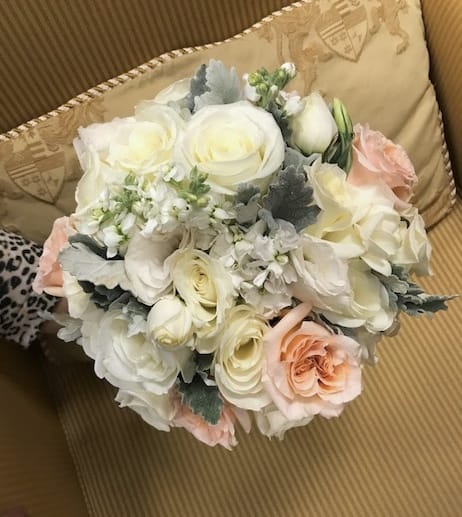 WB-1016 - BRIDAL BOUQUET: Cream roses, blush roses, white lisianthus, white roses, white stock, dusty miller.