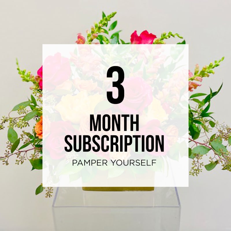 3 Month Collection 01 &quot;Pamper Yourself&quot; Prepay Subscription - For those floral enthusiasts who would love to receive a beautiful floral arrangement on a monthly basis, this collection is ideal for you. A uniquely designed, medium sized floral arrangement will be delivered to your home on the first business day of each month. Price includes: One uniquely designed luxurious floral arrangement *Free delivery &amp; pickup *Vase will be picked upon delivery of next order  $65.00/month  Total Price: $195.00 (+ tax) Recurring 3 Month Prepay  