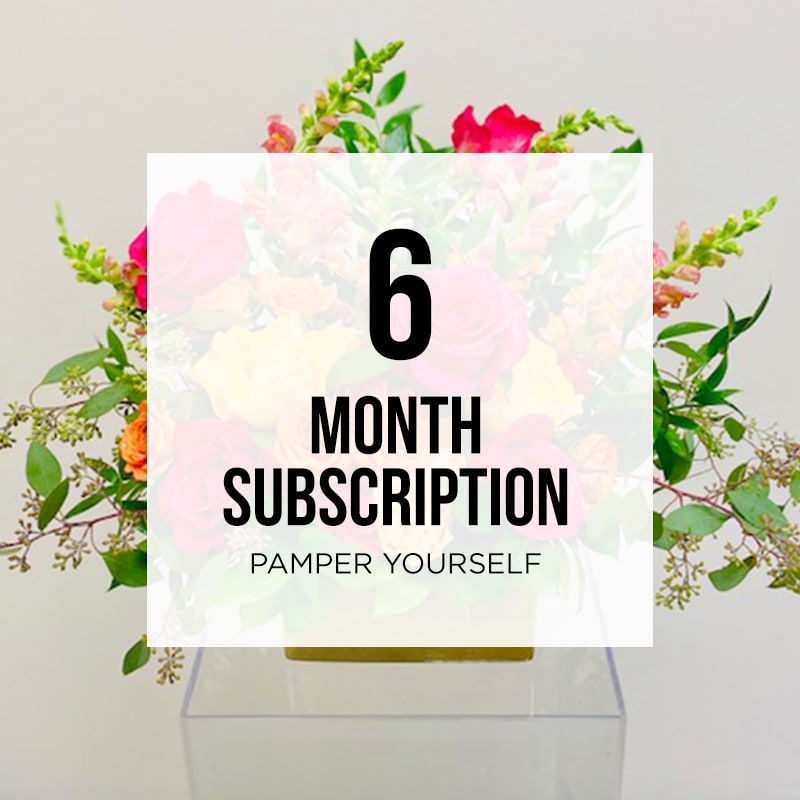 6 Month Collection 01 &quot;Pamper Yourself&quot; Prepay Subscription - “Pamper Yourself” For those floral enthusiasts who would love to receive a beautiful floral arrangement on a monthly basis, this collection is ideal for you. A uniquely designed, medium sized floral arrangement will be delivered to your home on the first business day of each month. Price includes: One uniquely designed luxurious floral arrangement *Free delivery &amp; pickup *Vase will be picked upon delivery of next order  6 Month Prepay   $62.00/month  Total Price: $372.00(+ tax) Recurring 6 Month Prepay