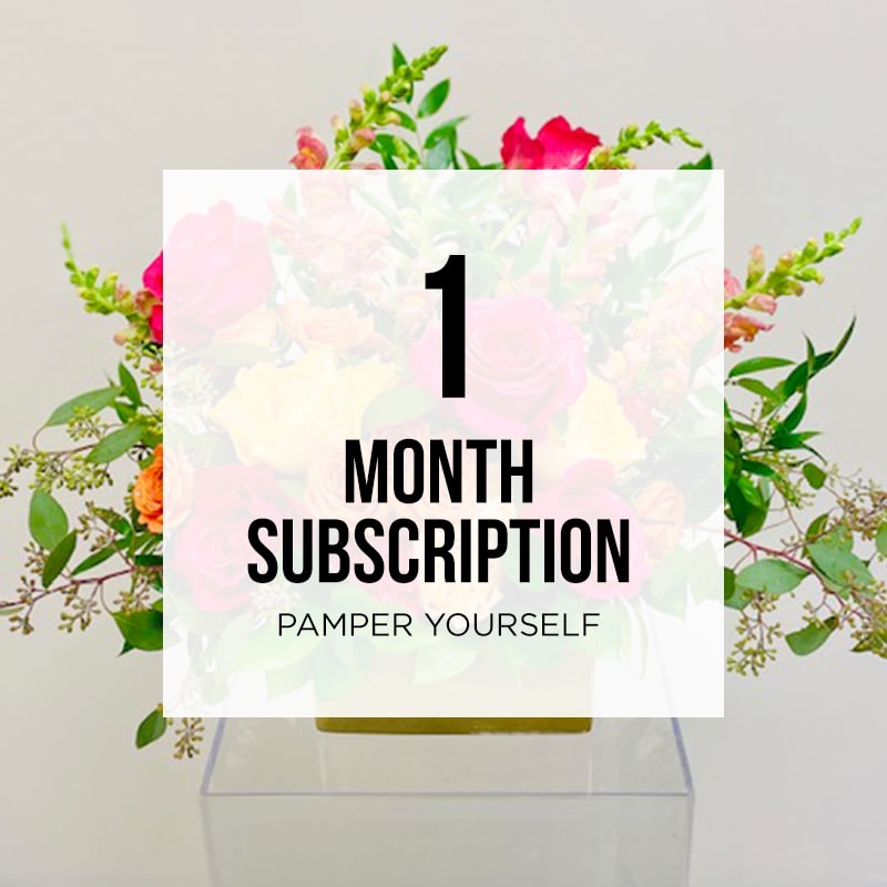 1 Month Collection 01 &quot;Pamper Yourself&quot; Prepay Subscription - “Pamper Yourself” For those floral enthusiasts who would love to receive a beautiful floral arrangement on a monthly basis, this collection is ideal for you. A uniquely designed, medium sized floral arrangement will be delivered to your home on the first business day of each month. Price includes: One uniquely designed luxurious floral arrangement *Free delivery &amp; pickup *Vase will be picked upon delivery of next order   Month to Month   $65.00/month  Total Price: $65.00 (+ tax) Recurring Month to Month