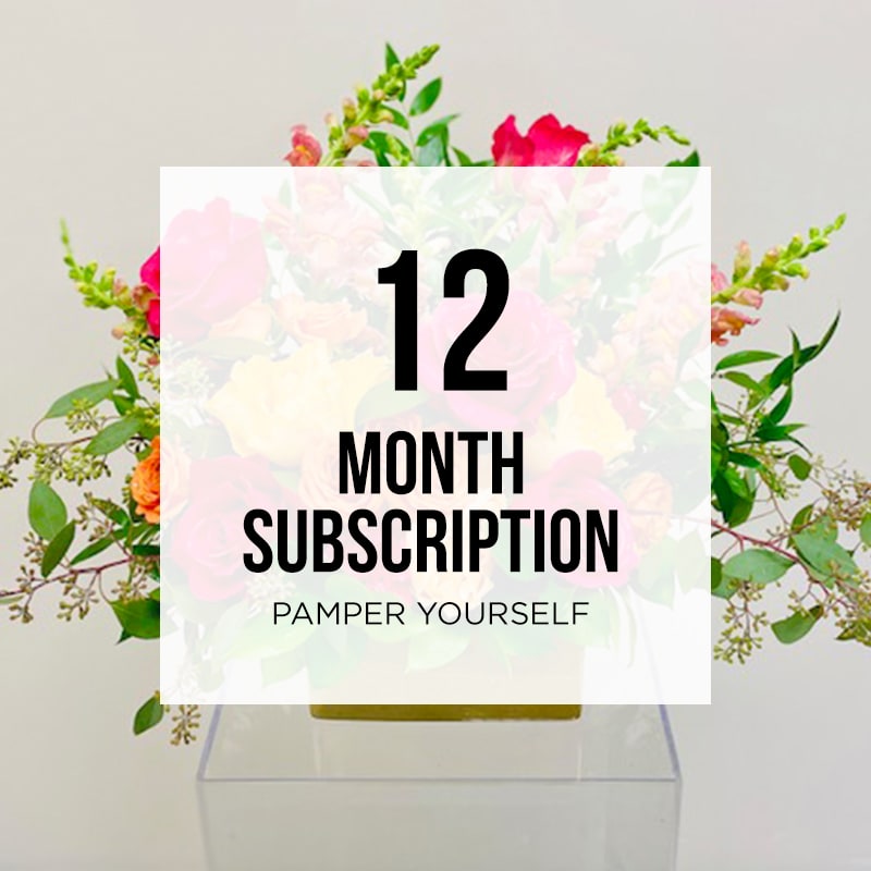 12 Month Collection 01 &quot;Pamper Yourself&quot; Prepay Subscription - COLLECTION 01: “Pamper Yourself” For those floral enthusiasts who would love to receive a beautiful floral arrangement on a monthly basis, this collection is ideal for you. A uniquely designed, medium sized floral arrangement will be delivered to your home on the first business day of each month. Price includes: One uniquely designed luxurious floral arrangement *Free delivery &amp; pickup *Vase will be picked upon delivery of next order  12 Month Prepay  $60.00/month  Total Price: $720(+ tax) Recurring 12 Month Prepay