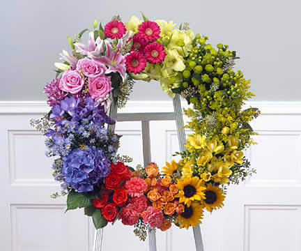 Rainbow Garden Wreath Rainbow Garden Wreath - Roses, Sunflowers, Carnations, Hydrangea, Asters Lilies, Asters, Germini, Gladiola