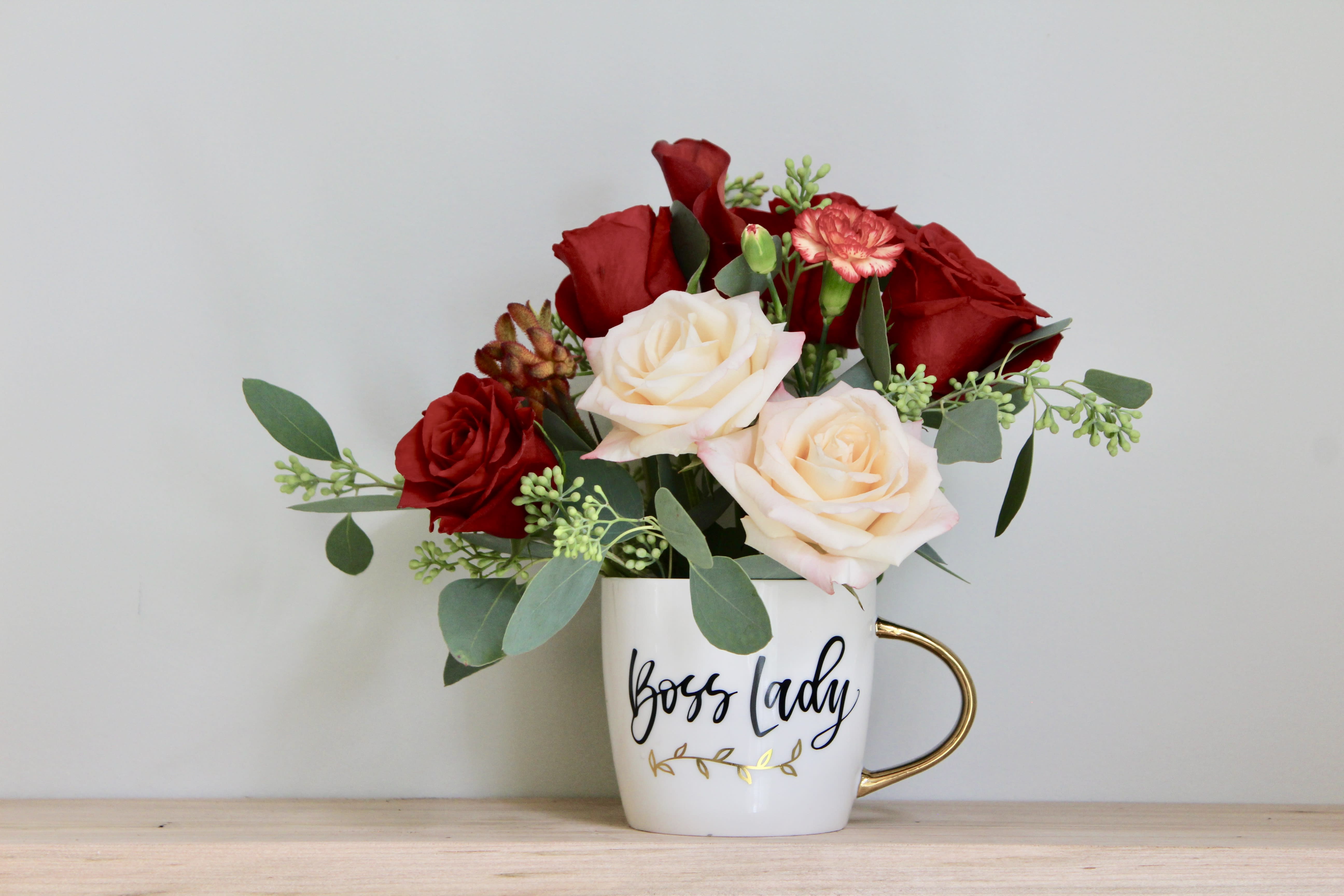 Boss Lady Mug Arrangement Red White In Charlottesville Va Oakwynn Floral Design