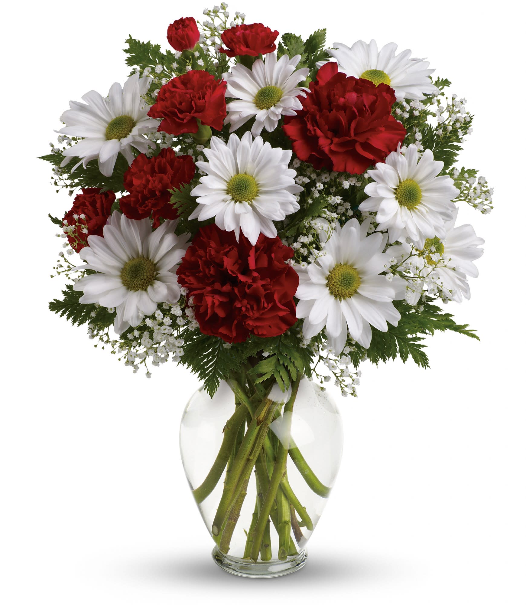 Kindest Heart Bouquet  - A special show of kindness, on Valentine's Day or any day of the year! This eye-catching arrangement of red carnations, white daisies and delicate baby's breath will surprise and delight your special someone - and remain a treasured memory for years to come.