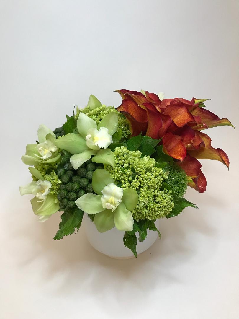 Calla and Co. - vibrant callas surrounded by multiple textural elements of orchids, green hydrangea, and seasonal green berries of pods