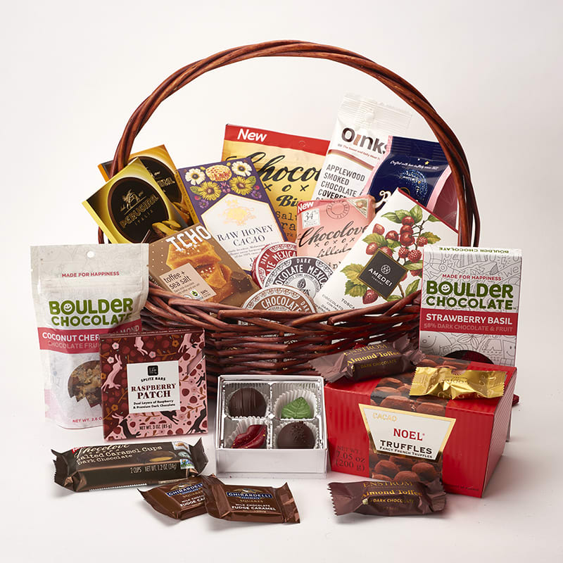 Large exquisite Chocolate Basket Large exquisite Chocolate Basket - A fantastic chocolate basket with the best chocolates available . We have a selection of Colorado, Italian, French, Made in USA and even some Vietnamese , Spanish and Icelandic Chocolate