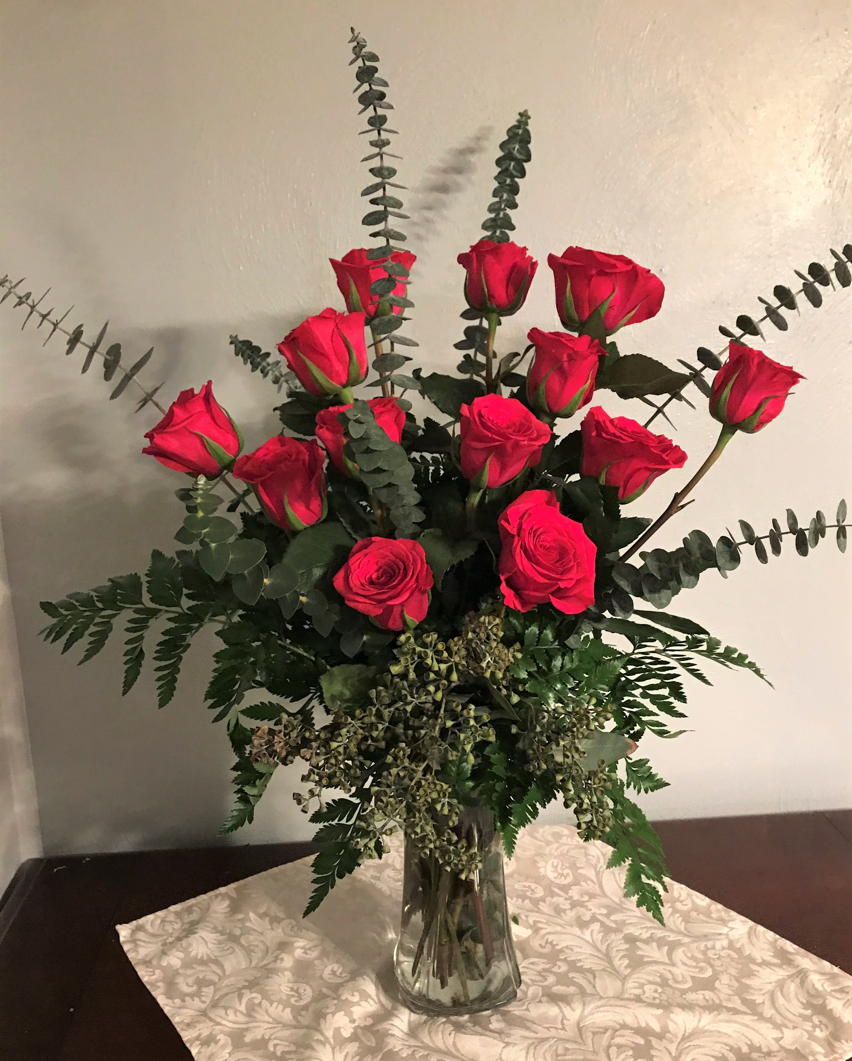 Pink roses with eucalyptus in Norfolk, VA | Julian’s Flowers