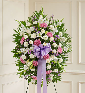 Deepest Sympathies Lavender &amp; White Standing Spray - Product ID: 91291   When you want to send a sympathy arrangement that celebrates a beautiful and unforgettable life, this lavender and white standing spray is a heartfelt choice. Expertly crafted by our florists from an assortment of the freshest blooms, itâs a lovely expression of your love and devotion during a difficult time. Standing spray arrangement of fresh lavender and white flowers such as roses, football mums, snapdragons, stock, carnations and more Appropriate for family, friends or business associates to send directly to the funeral home Our florists use only the freshest flowers available, so colors and varieties may vary Large measures approximately 56&quot;H x 36&quot;L without easel Medium measures approximately 42&quot;H x 34&quot;L without easel Small measures approximately 40&quot;H x 32&quot;L without easel