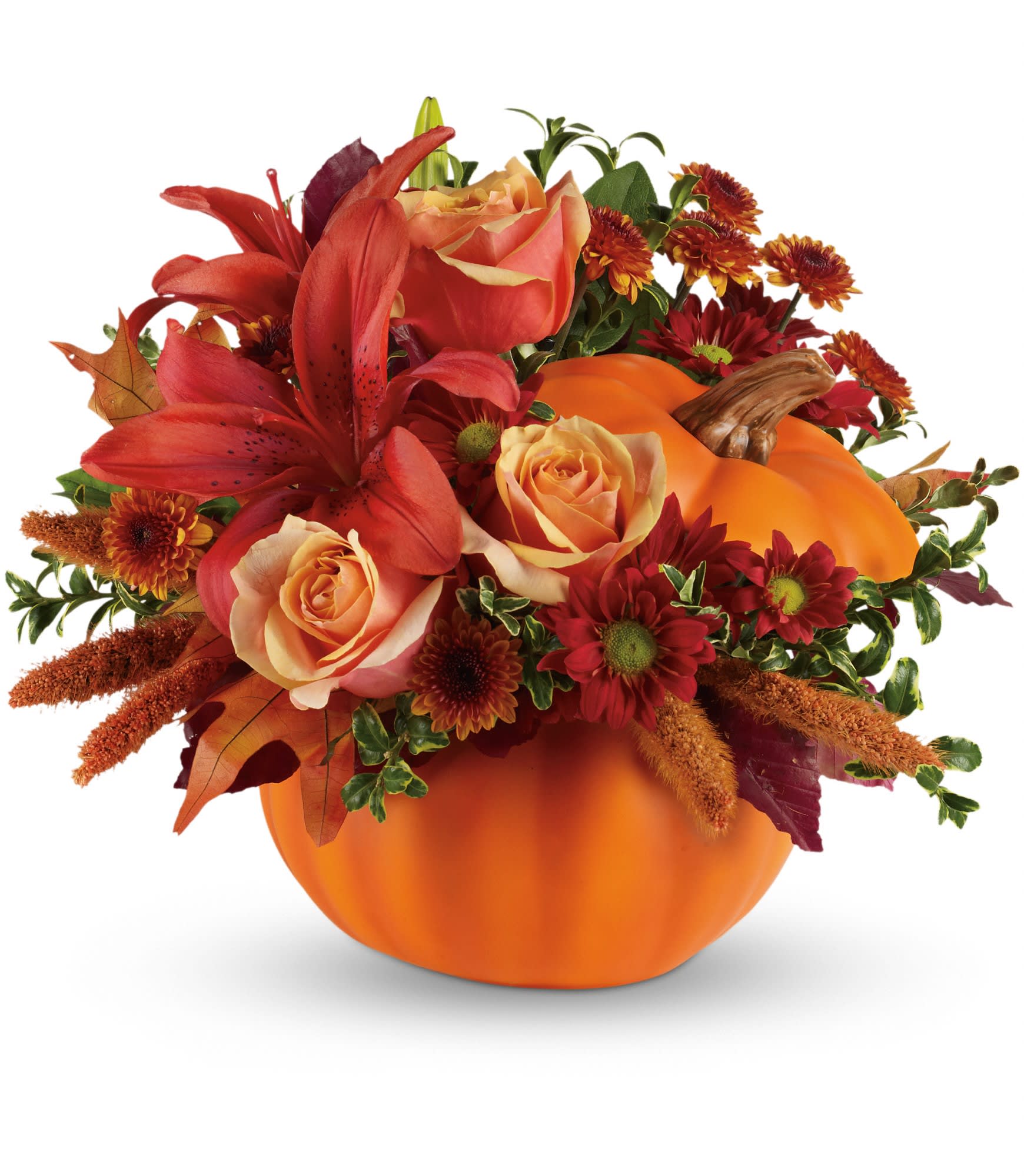 Autumn's Joy by Teleflora - This rustic arrangement includes orange roses and asiatic lilies, bronze button spray chrysanthemums and red daisy spray chrysanthemums, finished with accents of burgundy copper beech, brown china millet, and brown and yellow oak leaves. Delivered in a ceramic pumpkin. Approximately 13 1/2&quot; W x 12&quot; H. T12H110A 