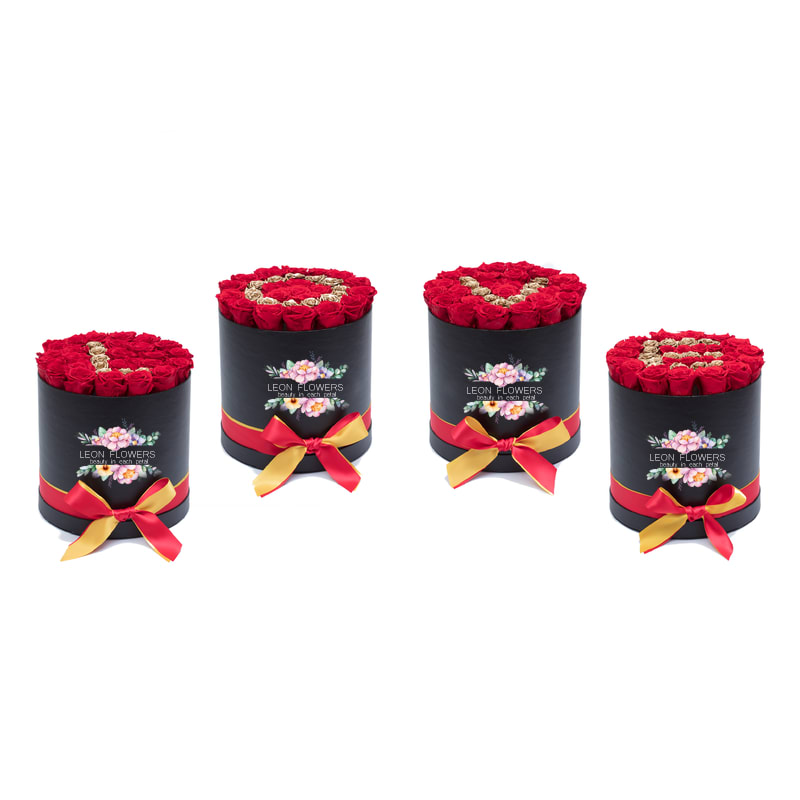 L.O.V.E. boxes - DELIVERY NEXT BUSINESS DAY OR LATER ONLY!!! CALL FOR SAME DAY DELIVERY!!!   It's  an incredible way to show off your love. You can literally spell it out with this set of four Round Boxes, which uses a lovely mix of red and gold preserved roses. The entire set is guaranteed to have at least 120 roses!  Each medium round box is guaranteed to include 30 to 32 preserved roses, each one at least 2 inches in diameter. We’ve specifically designed our boxes so that the bouquet can be seen beautifully without a cover, making them gift-able right away without requiring additional decoration.