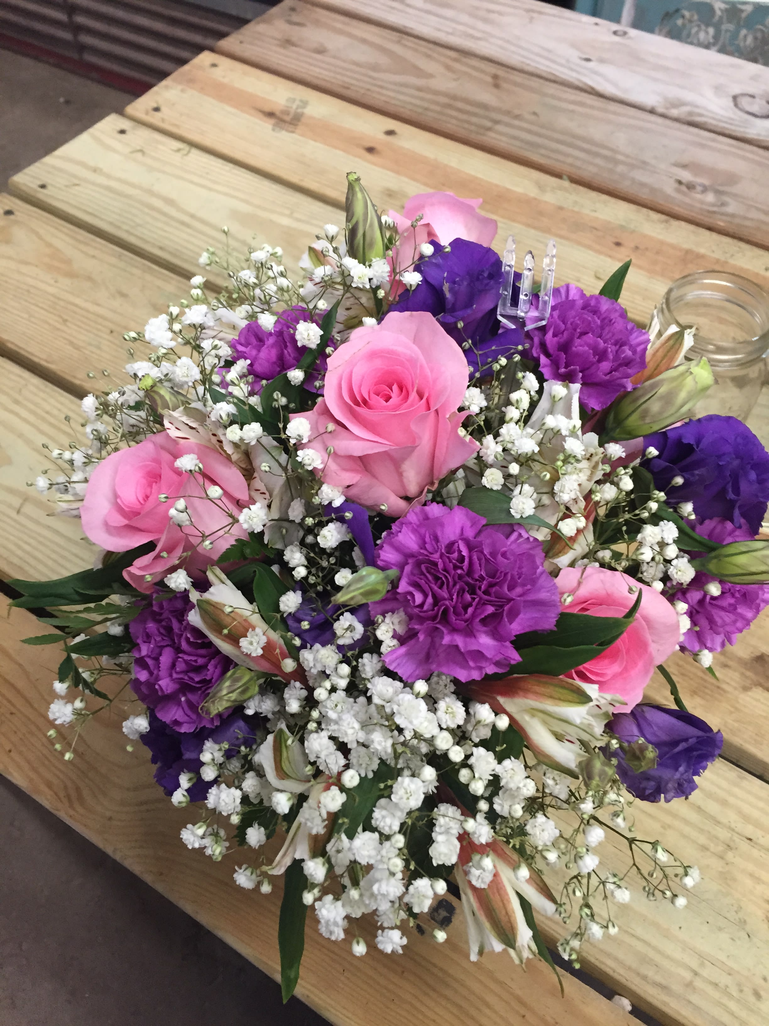 Lavender Arrangement - Lavender arrangement has an assortment of lavenders and pinks with roses, carnations, and baby's breath. 