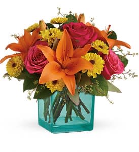 Teleflora's Fiesta Bouquet Teleflora's Fiesta Bouquet - Make any day feel like a fiesta with these fabulous flowers! Hand-delivered in a stylish turquoise cube vase for the perfect contrast, these fun fuchsia roses and bright orange lilies are instant mood-lifters! Vibrant pink roses, orange asiatic lilies and yellow viking daisy spray chrysanthemums are arranged with seeded eucalyptus and lemon leaf.