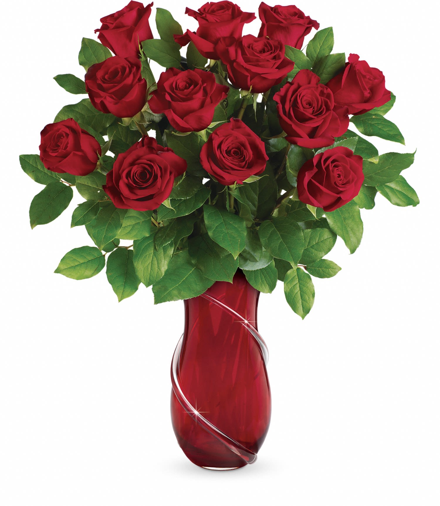 Teleflora's Wrapped With Roses Bouquet - Radiant long stemmed red roses are accented with fresh lemon leaf. Delivered in a Wrapped with Passion vase. Approximately 20&quot; W x 22 1/2&quot; H