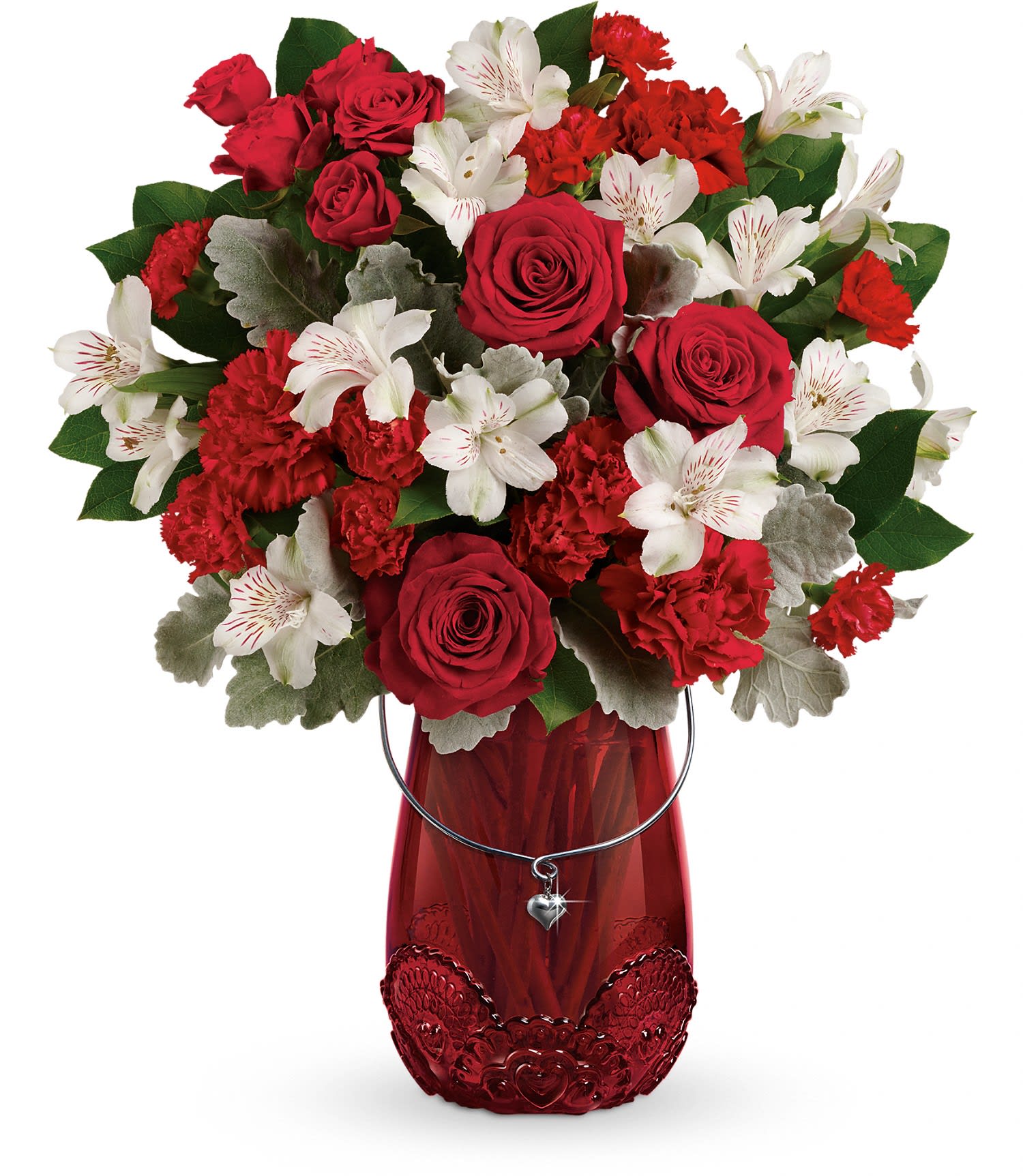 Teleflora's Red Haute Bouquet - Take their Valentine's Day breath away with this passionate rose bouquet, presented in a keepsake glass lantern vase with beautiful lace detail and sparkling heart charm. 