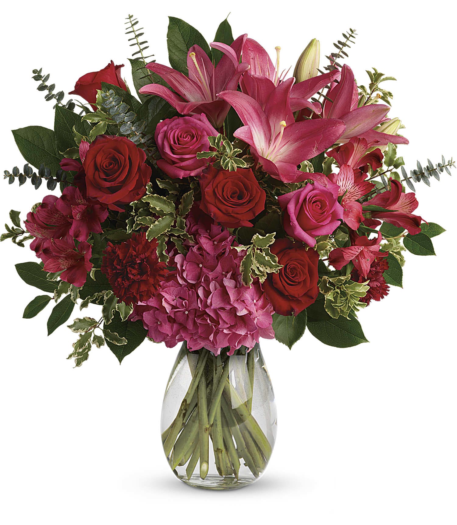 Love Struck Bouquet 1 - A luxurious bouquet that's sure to leave your special someone absolutely love struck! There's no denying the dramatic beauty of these radiant, red hot roses, hydrangea and lilies. 